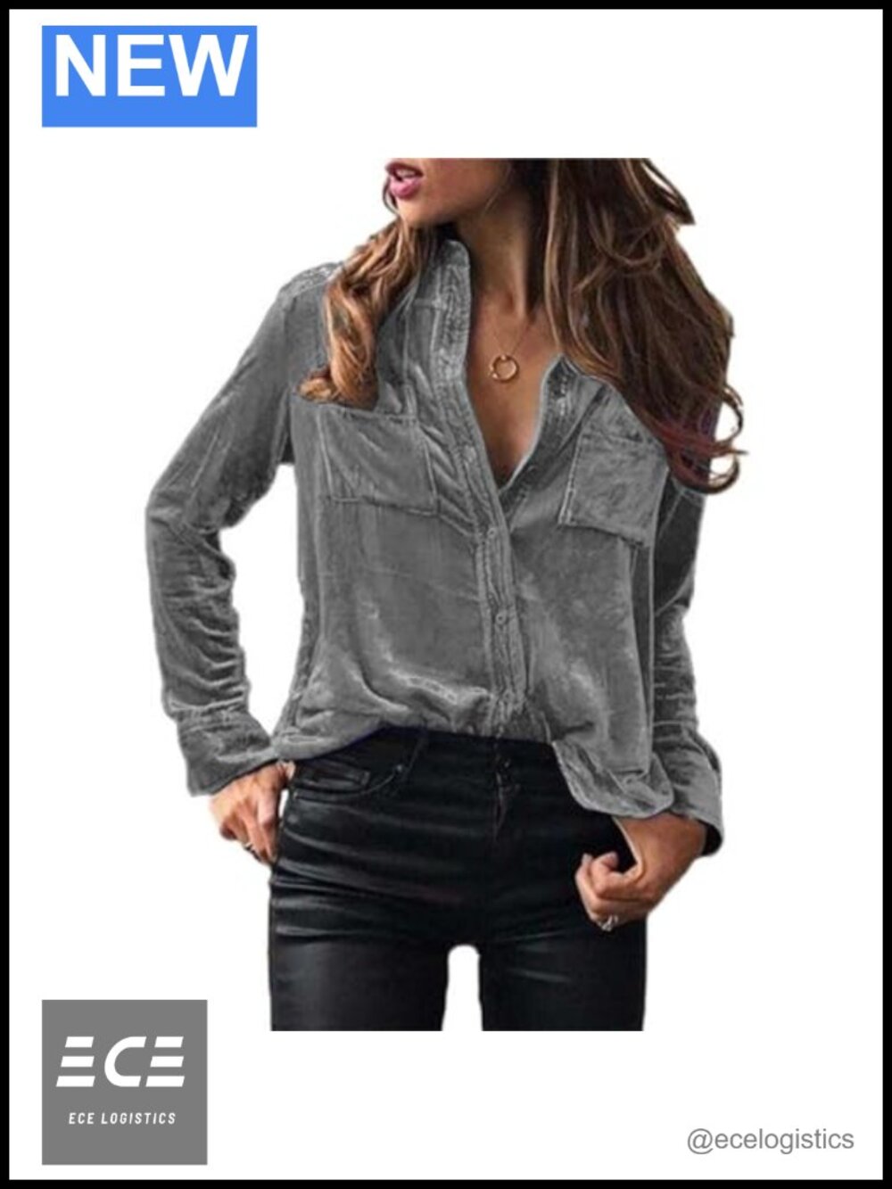 Velvet Button Down Shirt Long Sleeve Collared Blouse with Pockets